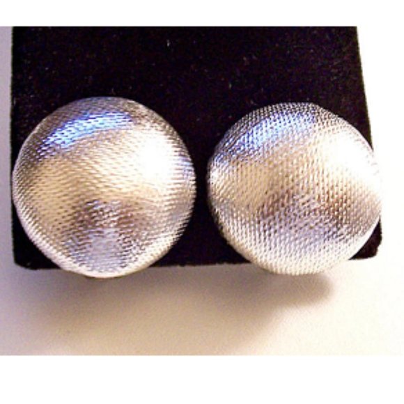 Big Glitter Buttons Clip On Earrings Silver Tone Vintage Fabric Cover Domed Ball - Picture 1 of 2